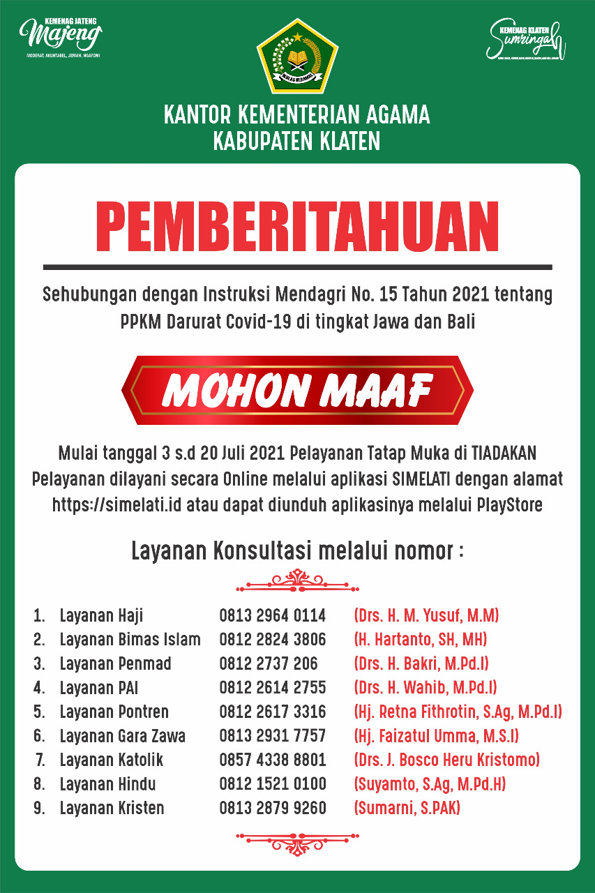 PPKM Darurat, Kemenag Klaten Tiadakan Pelayanan Tatap Muka