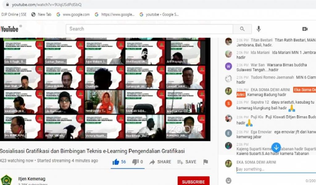 Live Streaming Youtube Sosialisasi dan Bintek E-lerning Pengendali Gratifikasi