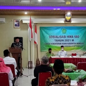 Ka. kankemenag Wonogiri, H. Cahyo Sukmana ketika memberikan sambutan dalam acara sosialisasi KMA 660 Tahun 2021