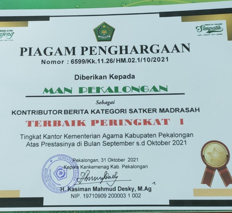 MAN Pekalongan Jawara Kontributor Berita Tingkat Kankemenag Kab. Pekalongan