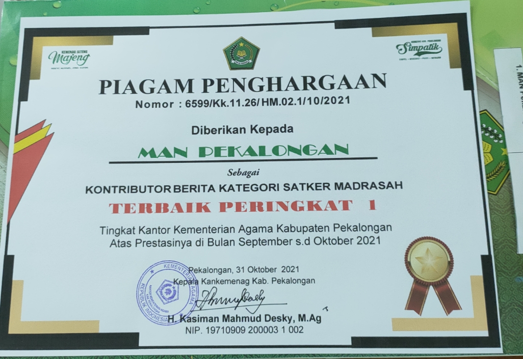 MAN Pekalongan Jawara Kontributor Berita Tingkat Kankemenag Kab. Pekalongan