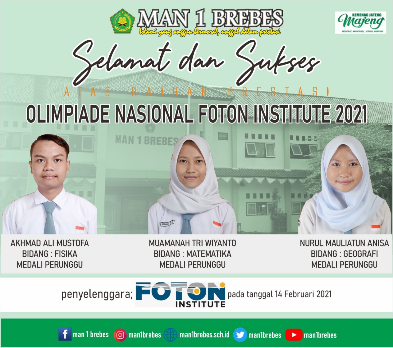 MAN 1 Brebes Raih Prestasi di Ajang Nasional Olimpiade Foton Institute 2021