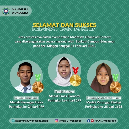 MAN 1 Wonosobo Raih 3 Kejuaraan Madrasah Olympiade Contest
