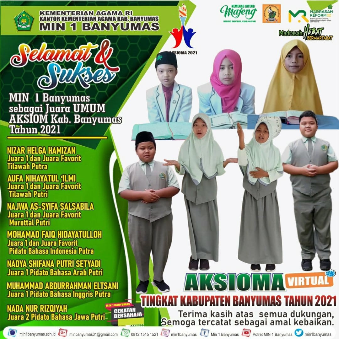 MIN 1 Banyumas Juara Umum sekaligus juara Favorit AKSIOMA Tingkat Kabupaten Banyumas.