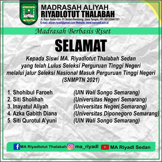 Tujuh peserta didik MA Riyadl lolos SNMPTN