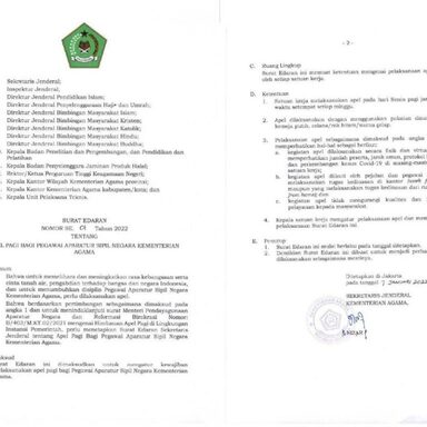 Pamudji, Sosialisasi SE Sekjen Kemenag RI No. 1 Tahun 2022 Lewat Apel Pagi