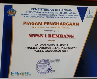 MTsN 1 Rembang Raih Predikat Satker Terbaik I Akurasi Belanja 2021