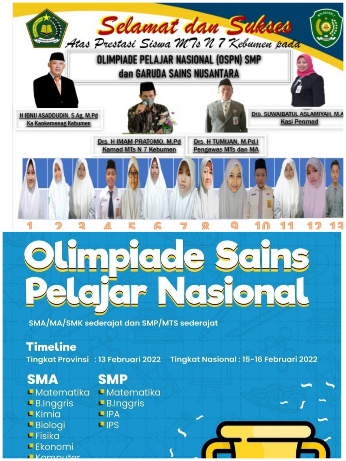 MTsN 7 Kebumen Raih 13 Medali pada Olimpiade Sains Pelajar Nasional 2022