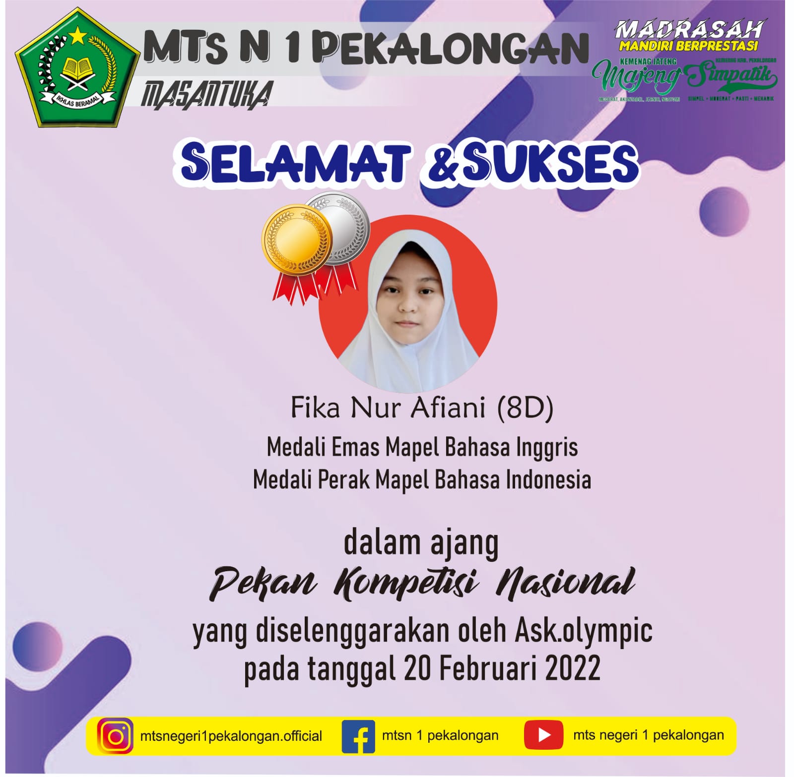 Siswi MTs. N 1 Pekalongan Raih Medali Pekan Kompetisi Nasional