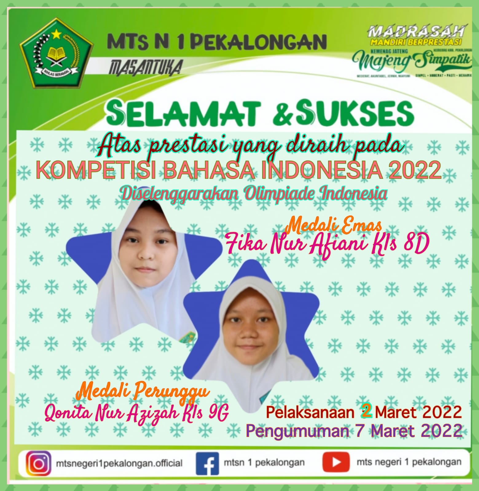 Dua Siswa Raih Medali Emas dan Perunggu Kompetisi Bahasa Indonesia 2022