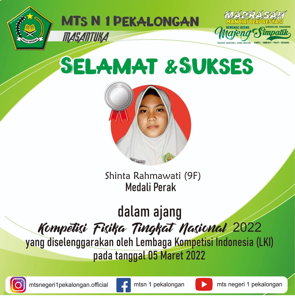 Siswa MTs N 1 Pekalongan Torehkan Prestasi Tingkat Nasiona Kompetisi Fisika