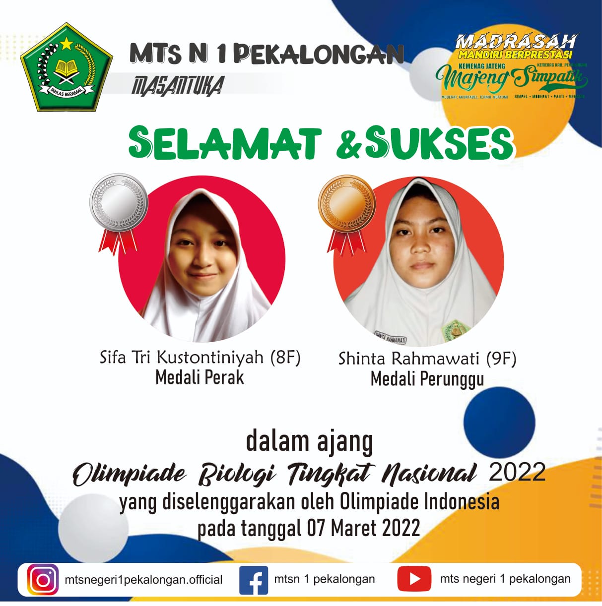 Dua Siswa MTs N 1 Pekalongan Cetak Prestasi Olimpiade Biologi Tingkat Nasional