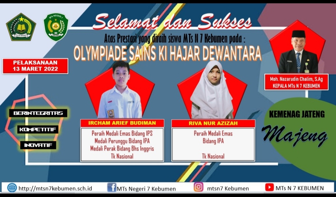 MTsN 7 Kebumen Raih Emas pada Ajang O.S. Ki Hajar Dewantara Tingkat Nasional Th. 2022