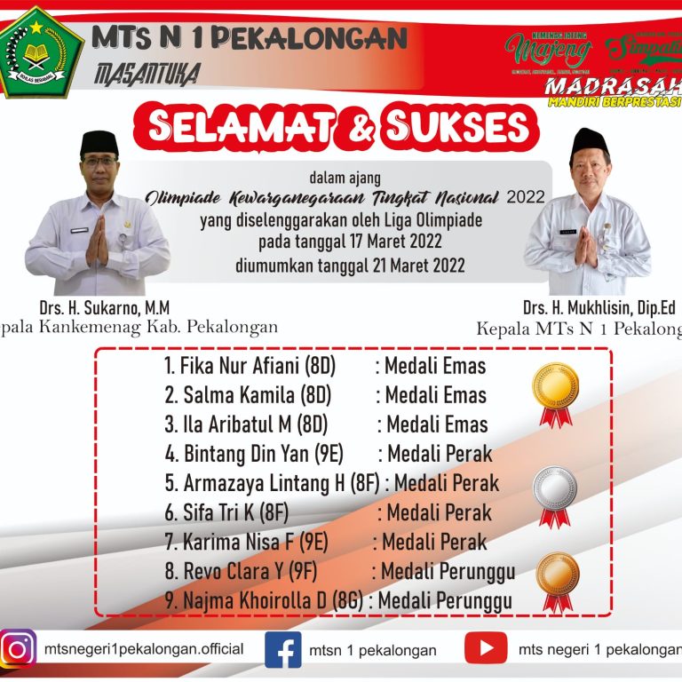 Sembilan Siswa MTsN 1 Pekalongan Sabet Medali Tingkat Nasional 2022