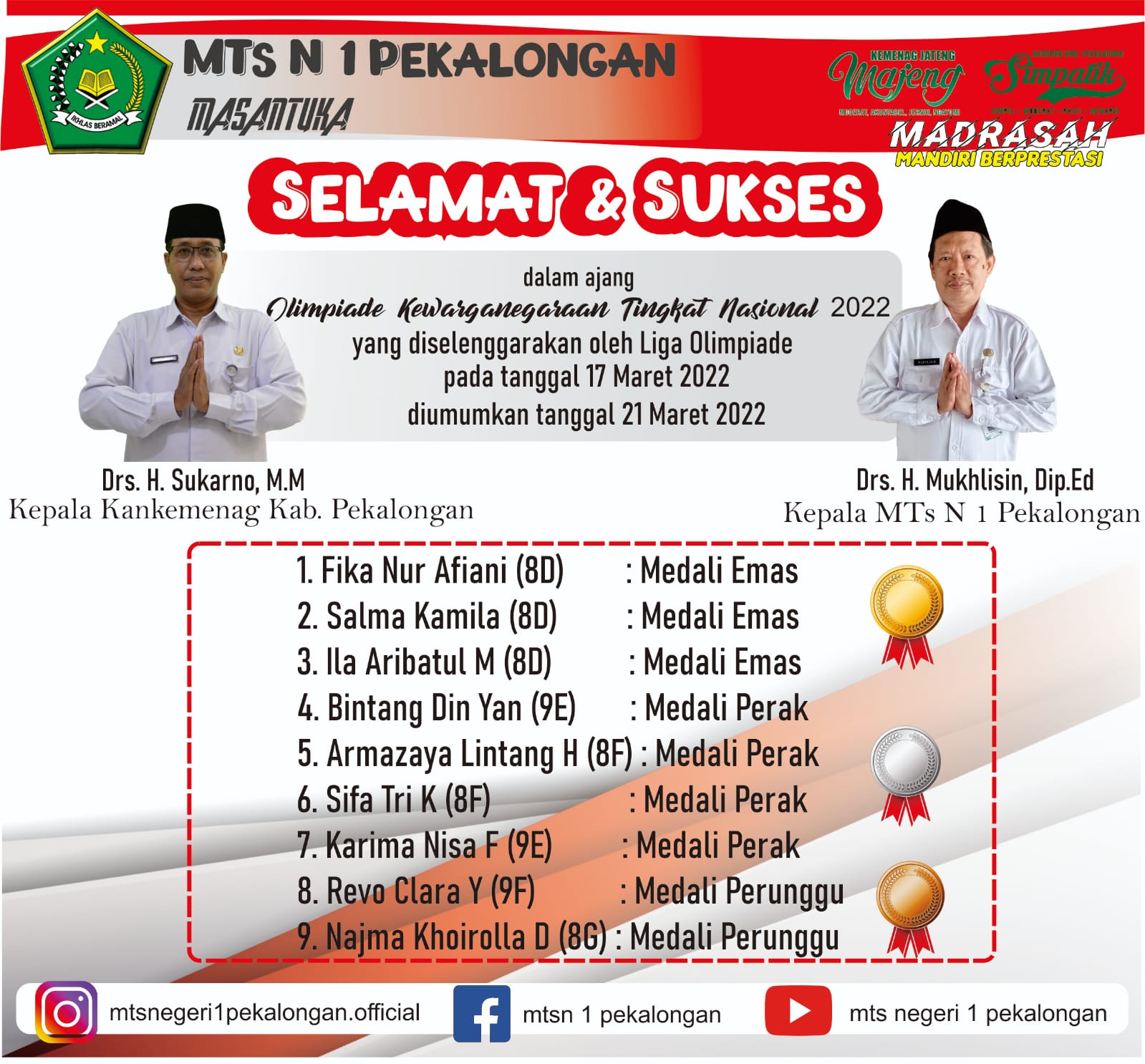 Sembilan Siswa MTsN 1 Pekalongan Sabet Medali Tingkat Nasional 2022