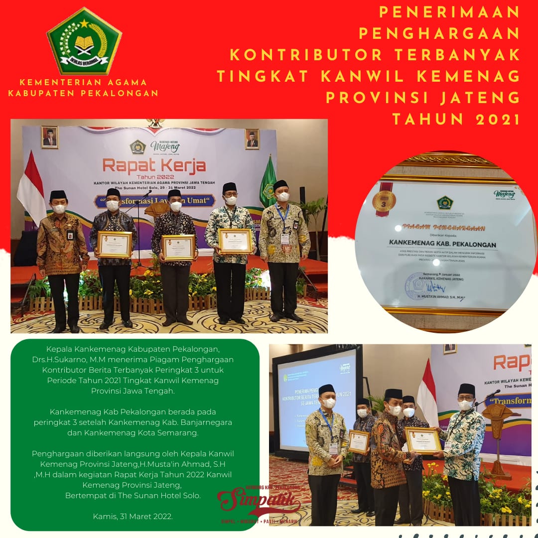 Kankemenag Kab. Pekalongan Raih Penghargaan sebagai Kontributor Berita Terbanyak Peringkat 3 se-Jawa Tengah