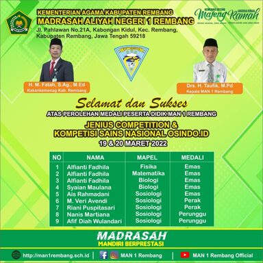 Menjelang Ramadhan, MAN 1 Rembang Raih 5 Emas