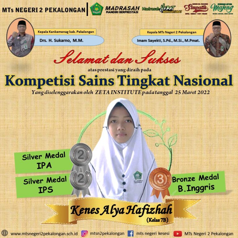 Kenes Alya Hafizhah, Siswa MTsN 2 Pekalongan Raih 3 Medali dalam Kompetisi Sains Tingkat Nasional