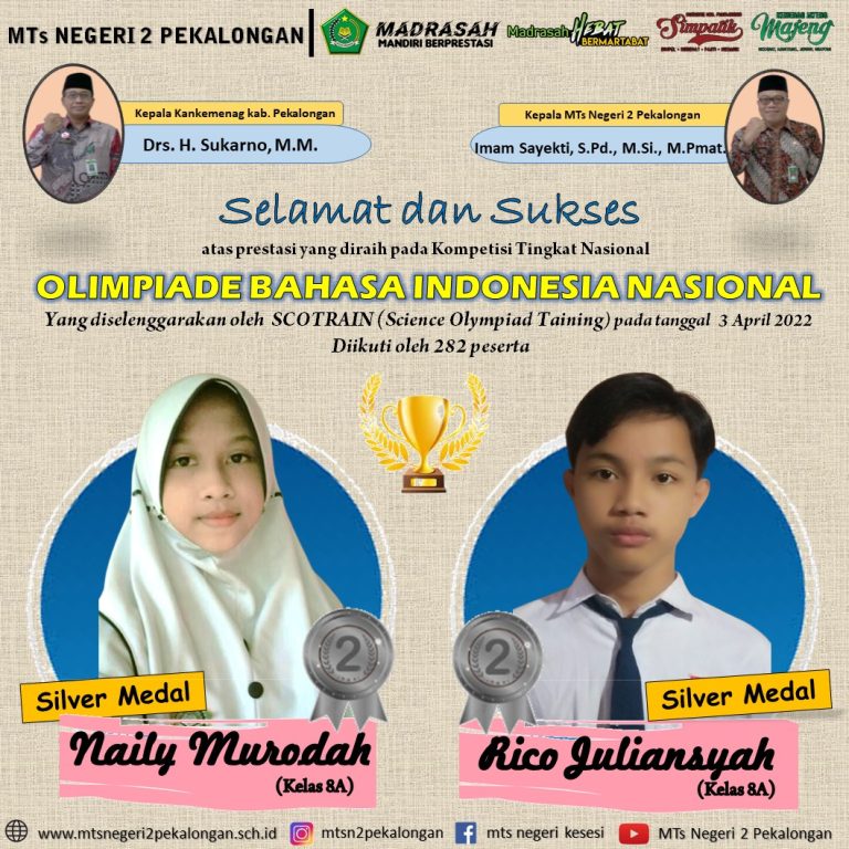 Dua Siswa MTsN 2 Pekalongan Rebut Medali pada Olimpiade Bahasa Indonesia Nasional