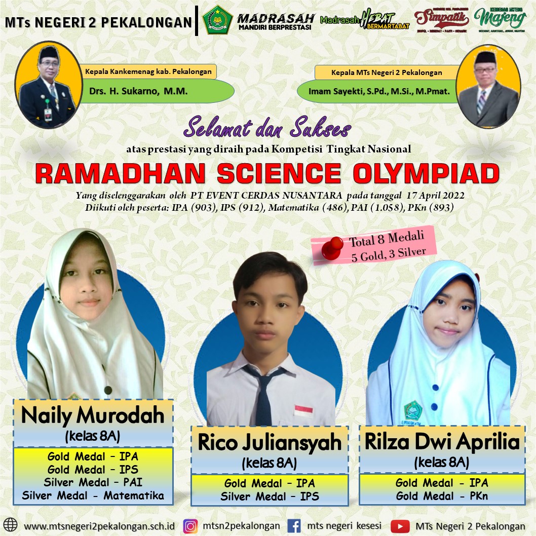 Tiga Siswa MTsN 2 Pekalongan Rebut 8 Medali di RSO 2022