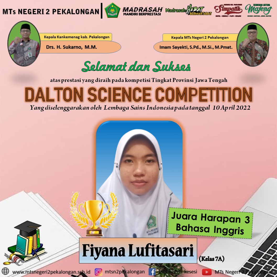 Fiyana, Siswa MTsN 2 Pekalongan Raih Prestasi Akademik di Bidang Bahasa Inggris