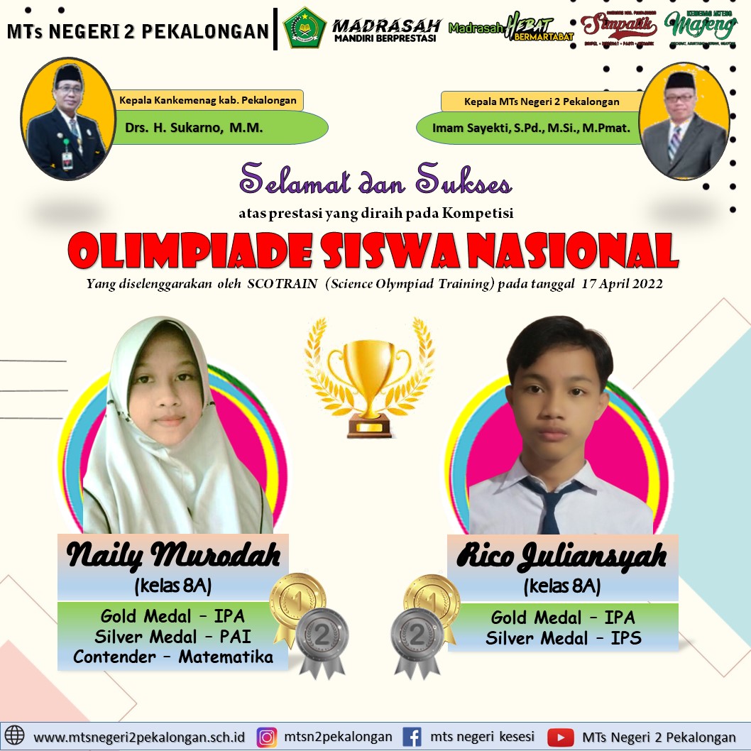 Dua Siswa MTsN 2 Pekalongan Rebut Medali OSN
