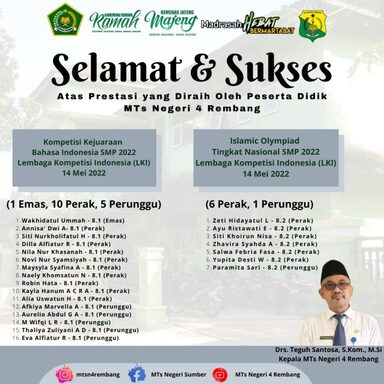 Siswa MTsN 4 Rembang Sabet Medali Emas pada Ajang KKBI 2022