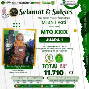 Siswi MTsN 1 Pati Gondol Juara 1 MTQ XXIX Tingkat Jawa Tengah