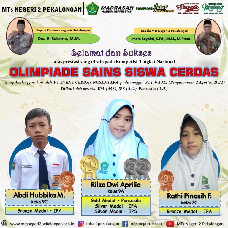 Pacu Semangat Berprestasi, Tiga Siswa MTsN 2 Pekalongan Raih 5 Medali di Ajang OSSIC 2022