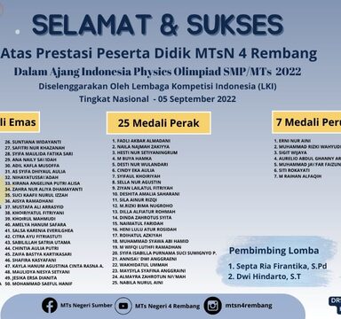 Keren, Inilah Nama Siswa MTsN 4 Rembang Peraih Medali 50 Emas IPO SMP/MTS 2022
