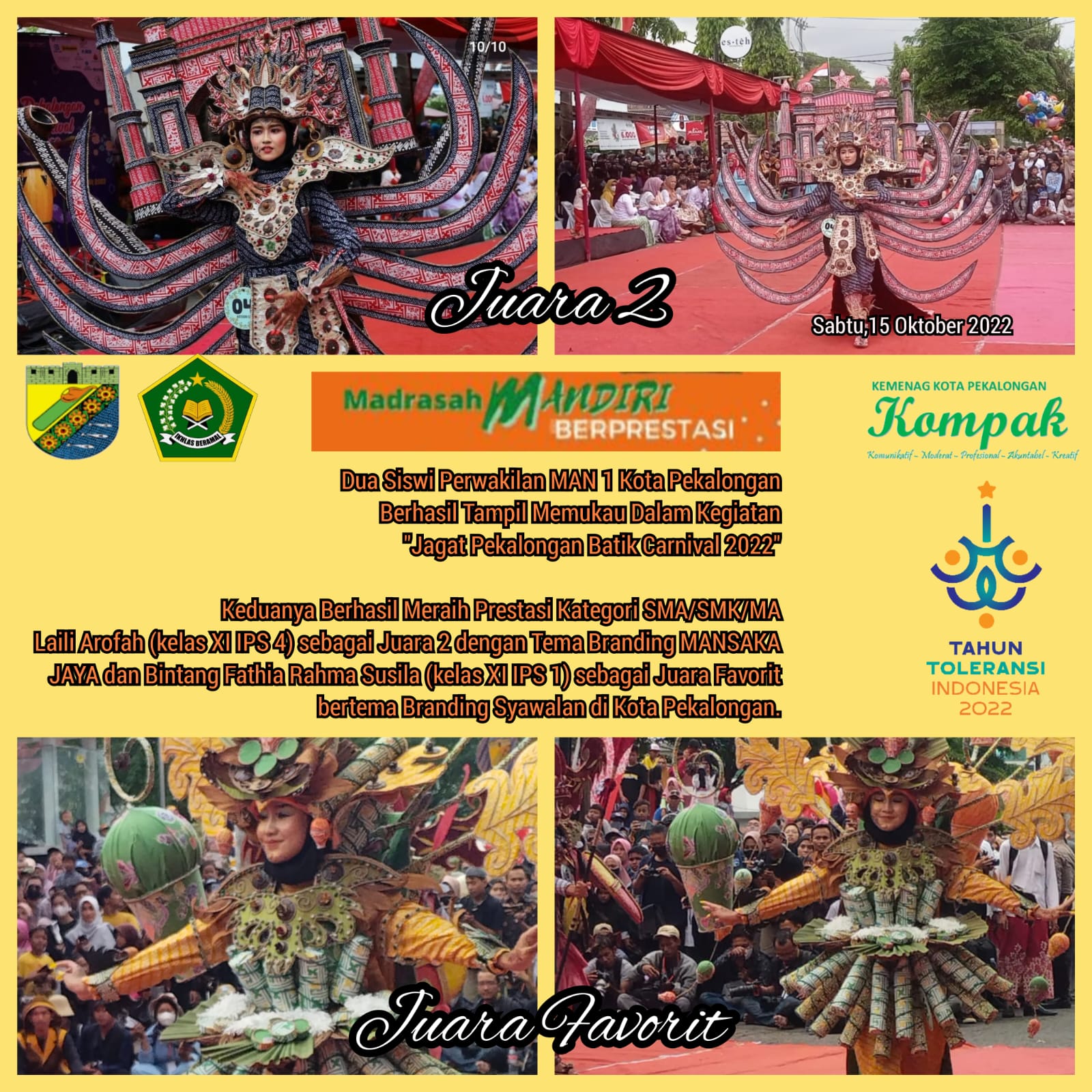 Dua Siswi Perwakilan MAN 1 Kota Pekalongan Meraih Prestasi Dalam Ajang Jagad Pekalongan Batik Carnival 2022
