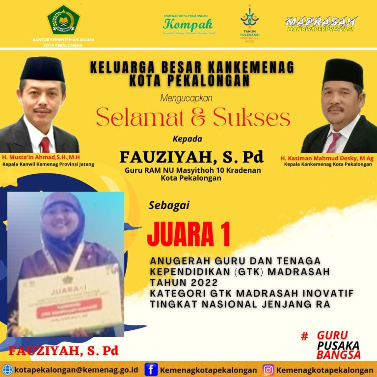 Fauziah Guru RAM NU Masyithoh 10 Kradenan Kota Pekalongan Juara 1 Tingkat Nasional