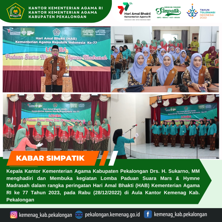 Kepala Kemenag Kab. Pekalongan Buka Acara Lomba Paduan Suara Peringatan HAB ke 77 Kementerian Agama Tahun 2023