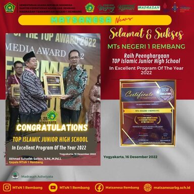 MTsN 1 Rembang Sabet Penghargaan Top Islamic Junior School Tingkat Nasional