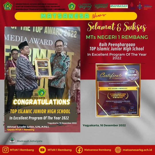 MTsN 1 Rembang Sabet Penghargaan Top Islamic Junior School Tingkat Nasional