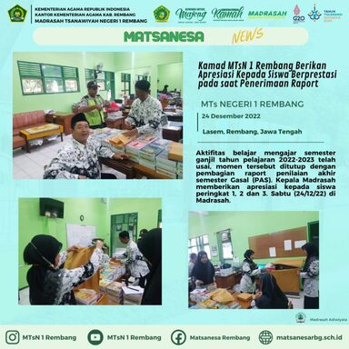 MTsN 1 Rembang Berikan Apresiasi kepada Siswa Berprestasi