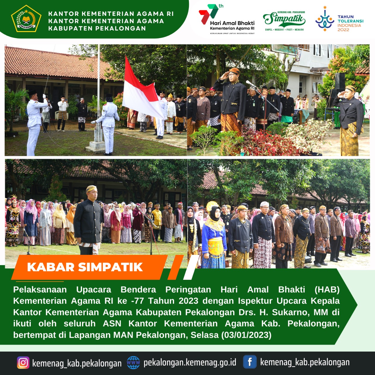 Dihadiri ratusan peserta, Upacara HAB ke-77 Kemenag Kabupaten Pekalongan Berlangsung Khidmat