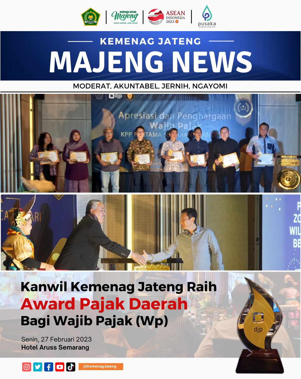 Kanwil Kemenag Jateng Raih Award Pajak Daerah Bagi Wajib Pajak (WP)