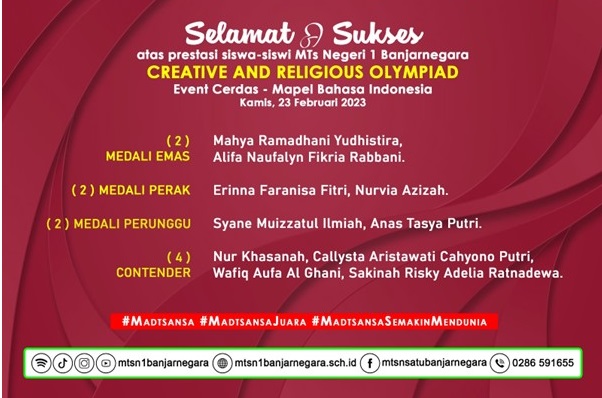 10 Medali Creative and Religious Olympiad Mapel Bahasa Indonesia Menjadi Milik MTs Negeri 1 Banjarnegara