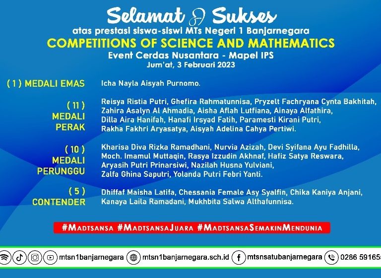 Sukses di Ajang Competition Of Science And Mathematics, 27 Siswa MTs Negeri 1 Banjarnegara Persembahkan Medali
