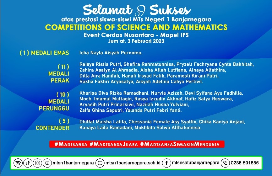 Sukses di Ajang Competition Of Science And Mathematics, 27 Siswa MTs Negeri 1 Banjarnegara Persembahkan Medali