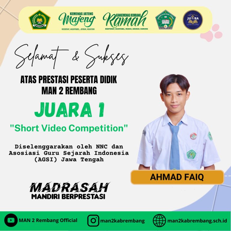 Siswa MAN 2 Rembang Juara Lomba Video Pendek Sejarah Se-Jawa Tengah