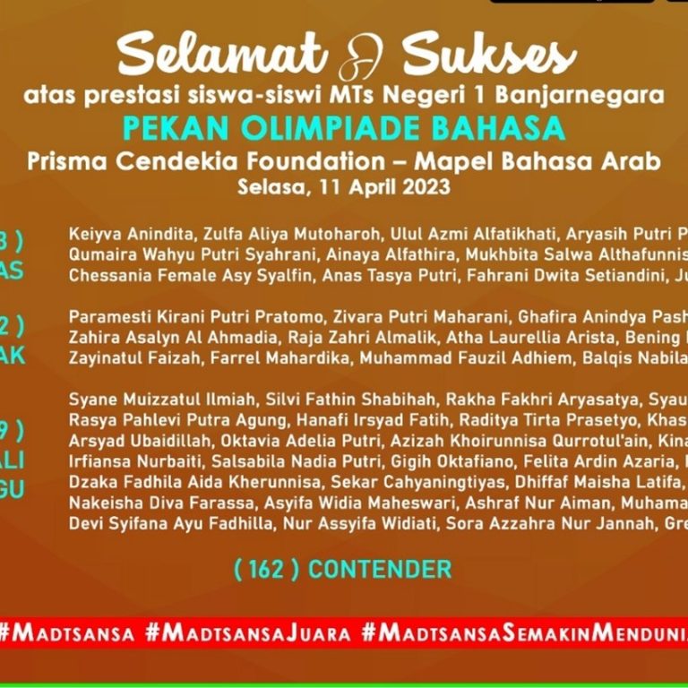 Mantap! Siswa Madtsansa Persembahkan 216 Medali Mapel Bahasa Arab Dari Pekan Olimpiade Bahasa