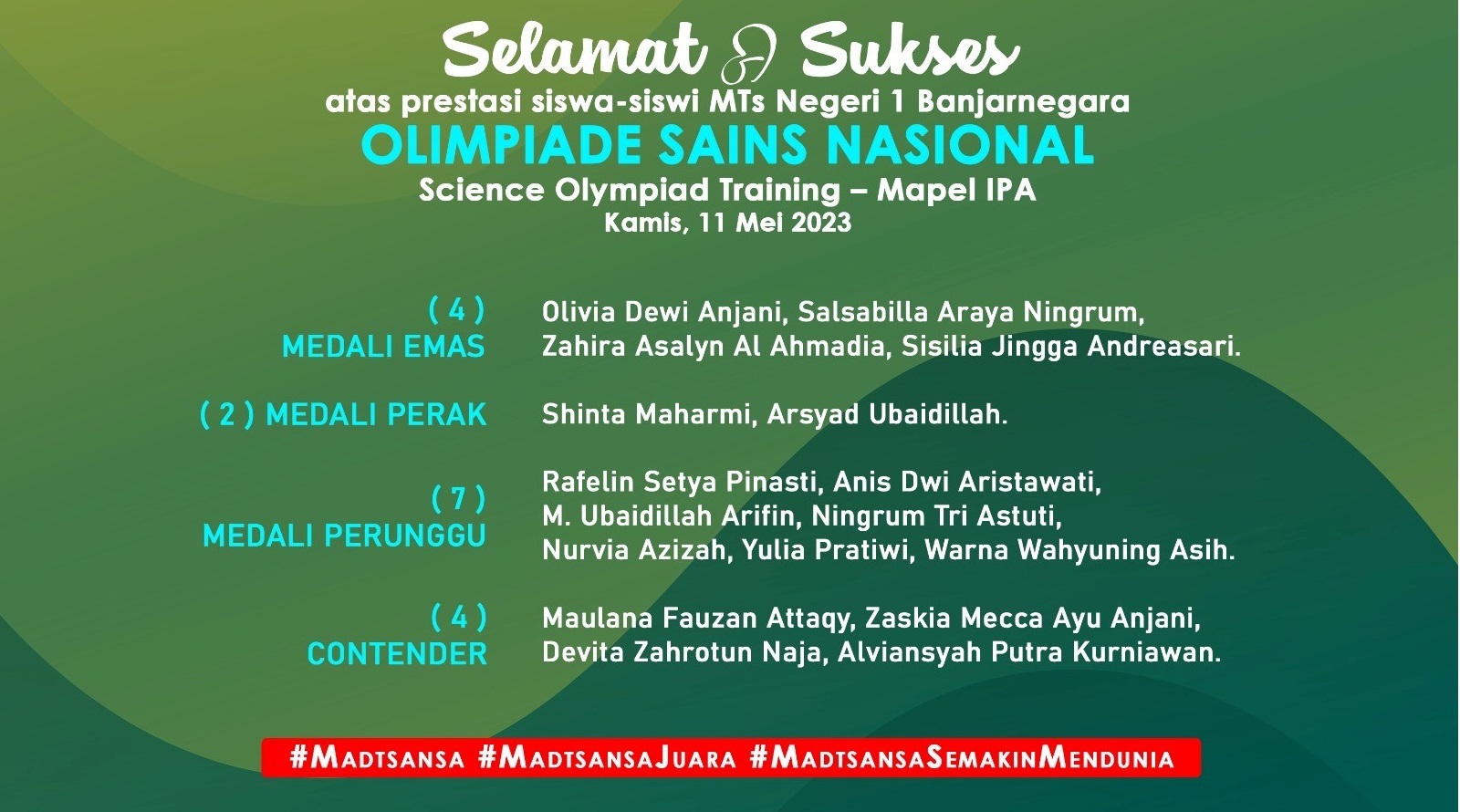Berjuang di Ajang Olimpiade Sains Nasional, Siswa MTs N 1 Banjarnegara Raih 17 Medali Mapel IPA