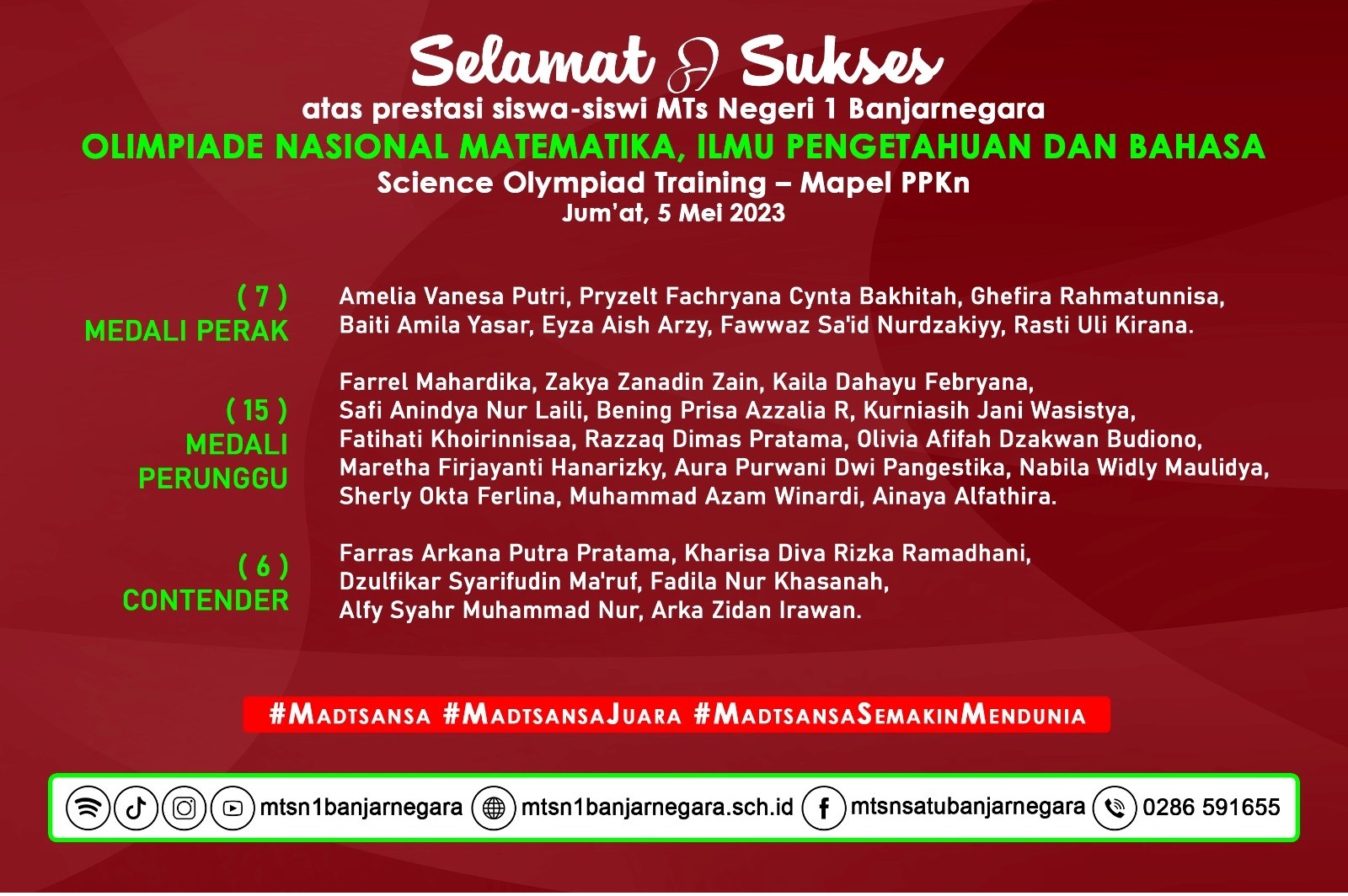 Luar Biasa, MTs N 1 Banjarnegara Raih 28 Medali Melalui Olimpiade Nasional Matematika, Ilmu Pengetahuan dan Bahasa