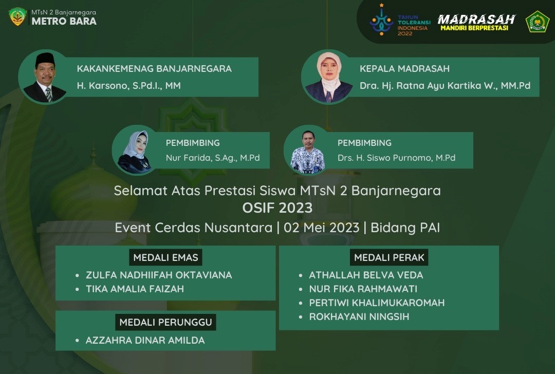 MTs N 2 Banjarnegara Raih Medali Emas dari Ajang OSIF 2023 Mapel PAI