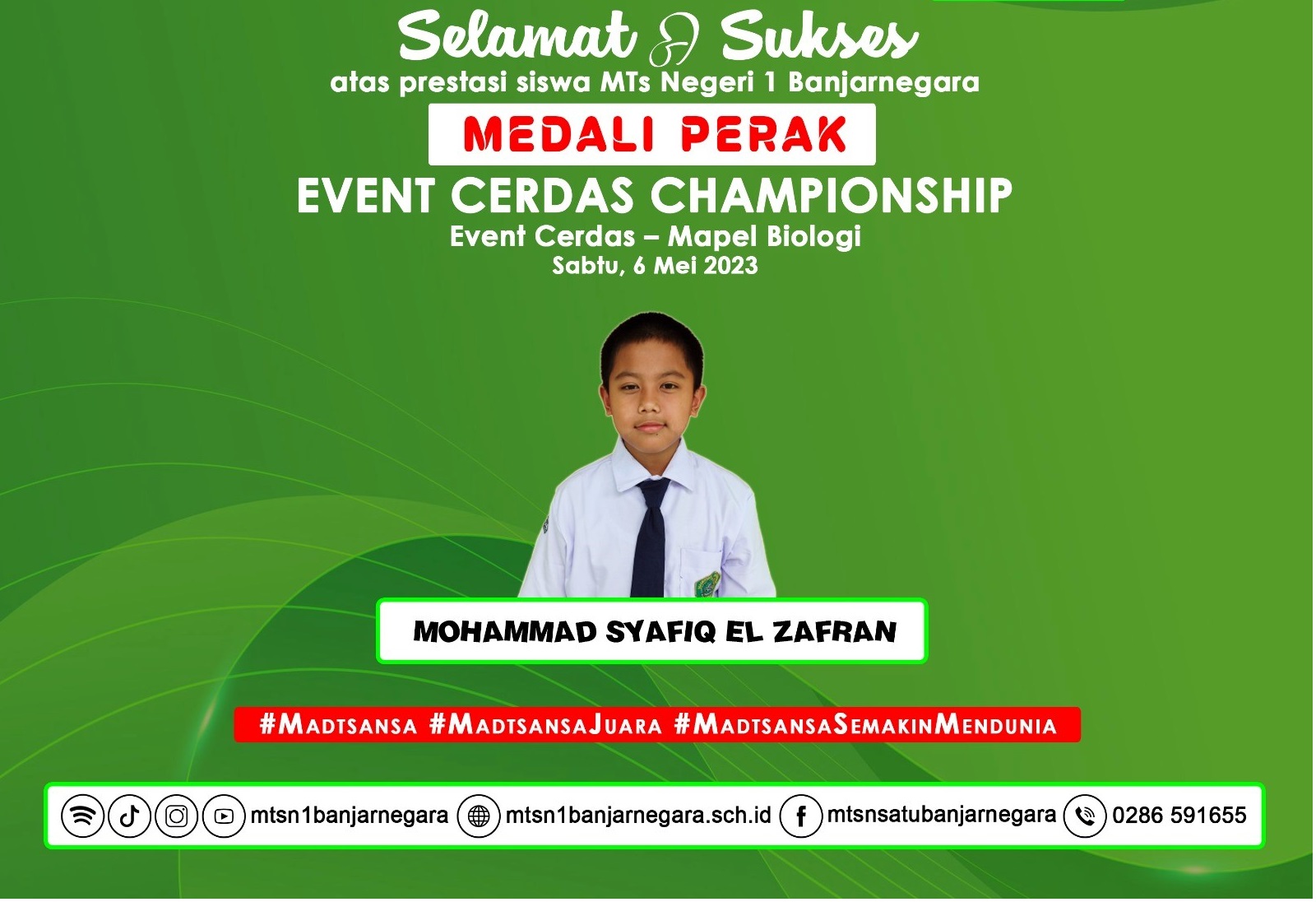 Mohammad Syafiq, Siswa MTs N 1 Banjarnegara Raih Medali Perak Mapel Biologi Ajang Event Cerdas Championship