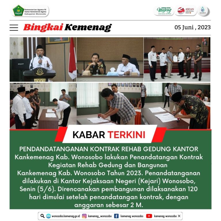 Kankemenag Kab. Wonosobo Lakukan Penandatangan Kontrak Kegiatan Rehab Gedung dan Bangunan
