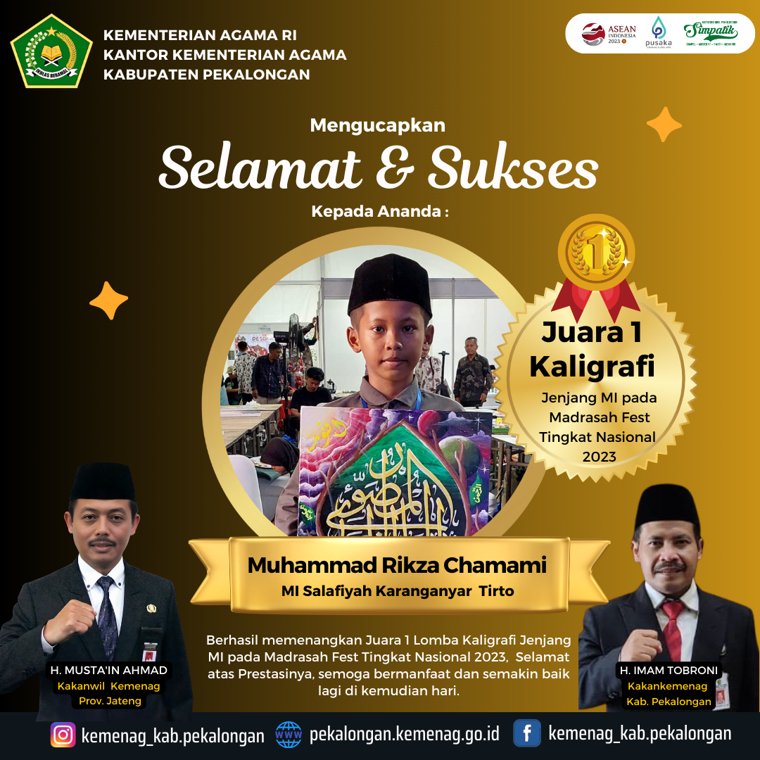 Selamat, Siswa MIS Karanganyar Tirto Pekalongan Raih Juara 1 Kaligrafi Madrasah Fest 2023 Tingkat Nasional