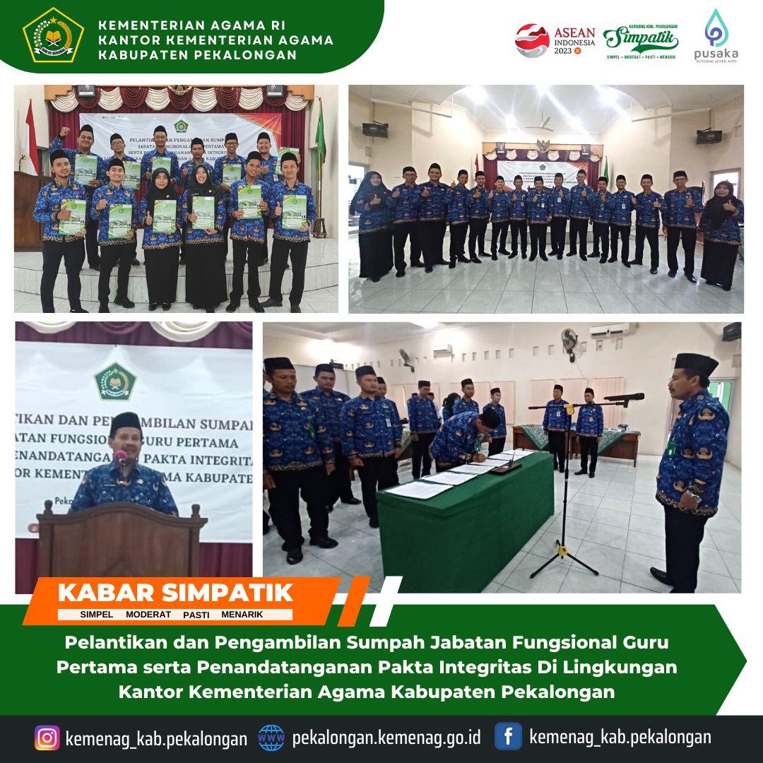 Kepala Kankemenag Pekalongan, Imam Tobroni Melantik dan Mengambil Sumpah Jabatan Fungsional Guru Pertama